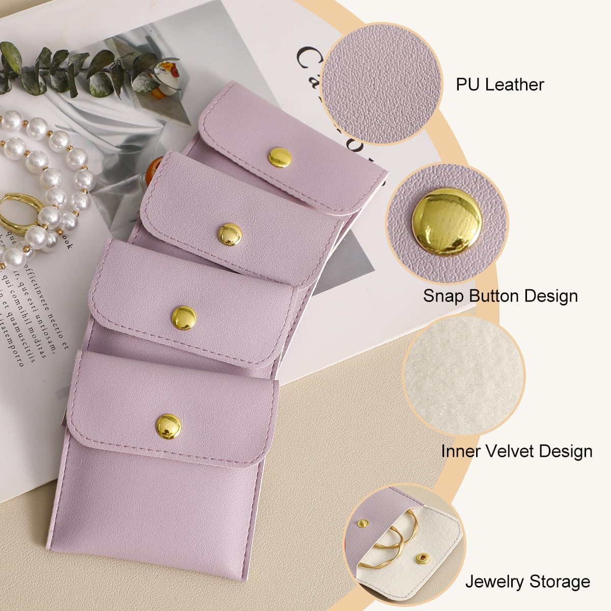 40pcs PU Leather Small Bags for Jewelry 8 x 8cm Snap Button Jewelry Packaging Bag Light purple Luxury Small Favor Bags Jewelry Gift Bags for Earrings Necklaces Bracelet Ring