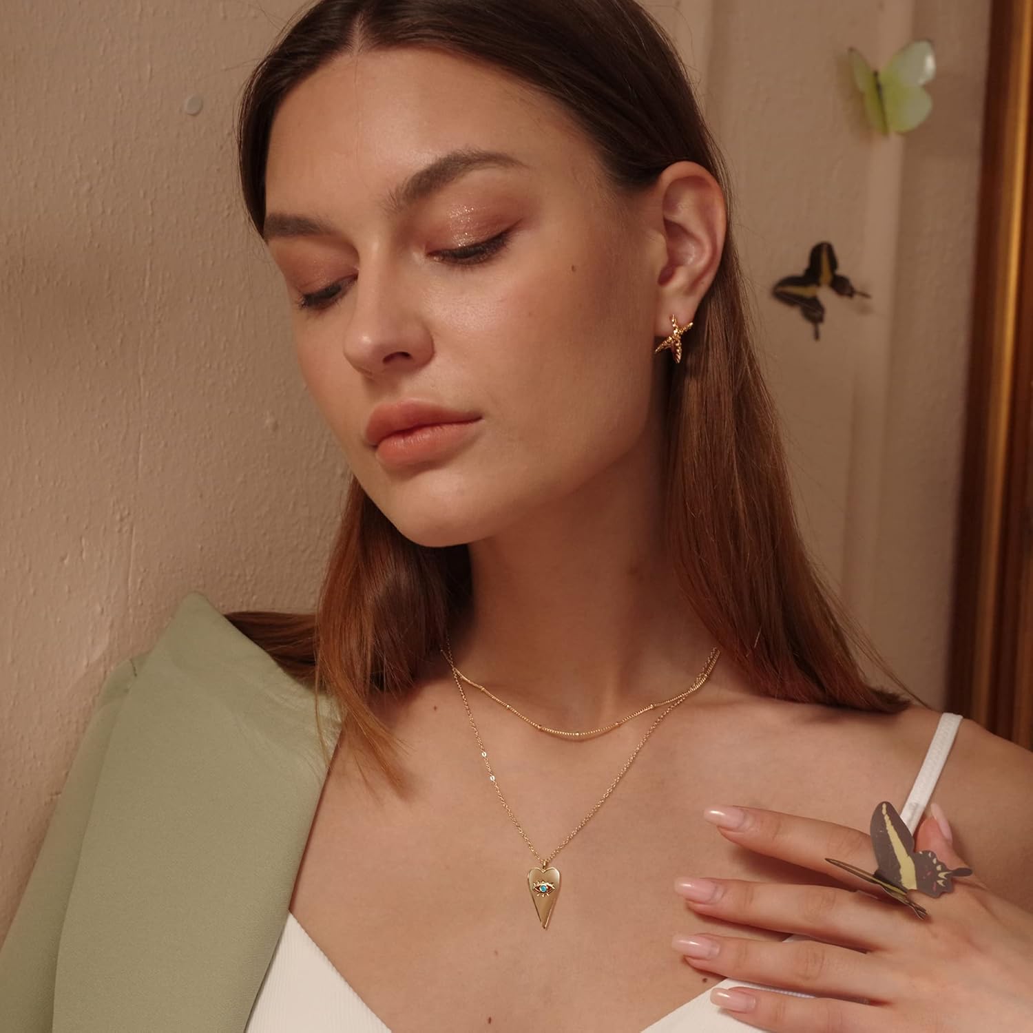 MEVECCO Layered Heart Necklace Pendant Handmade 18k Gold Plated Dainty Gold Choker Arrow Bar Layering Long Necklace for Women - Image 2