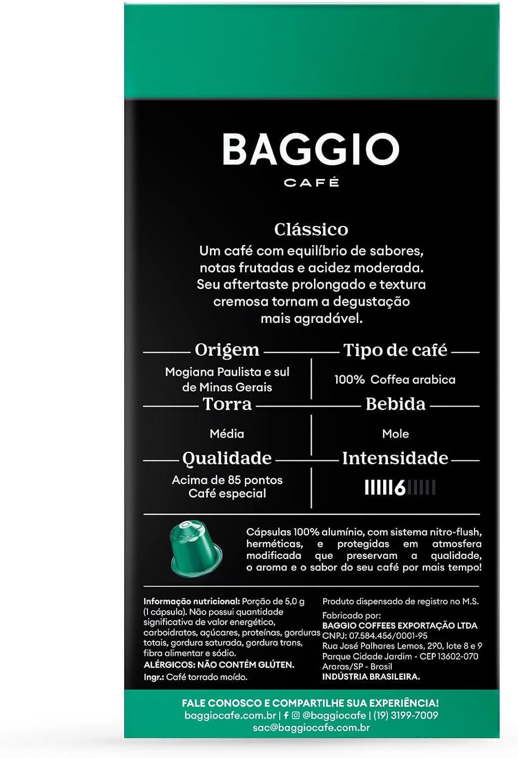 Cápsulas de Café Clássico Baggio Café, compatível com Nespresso, contém 20 cápsulas