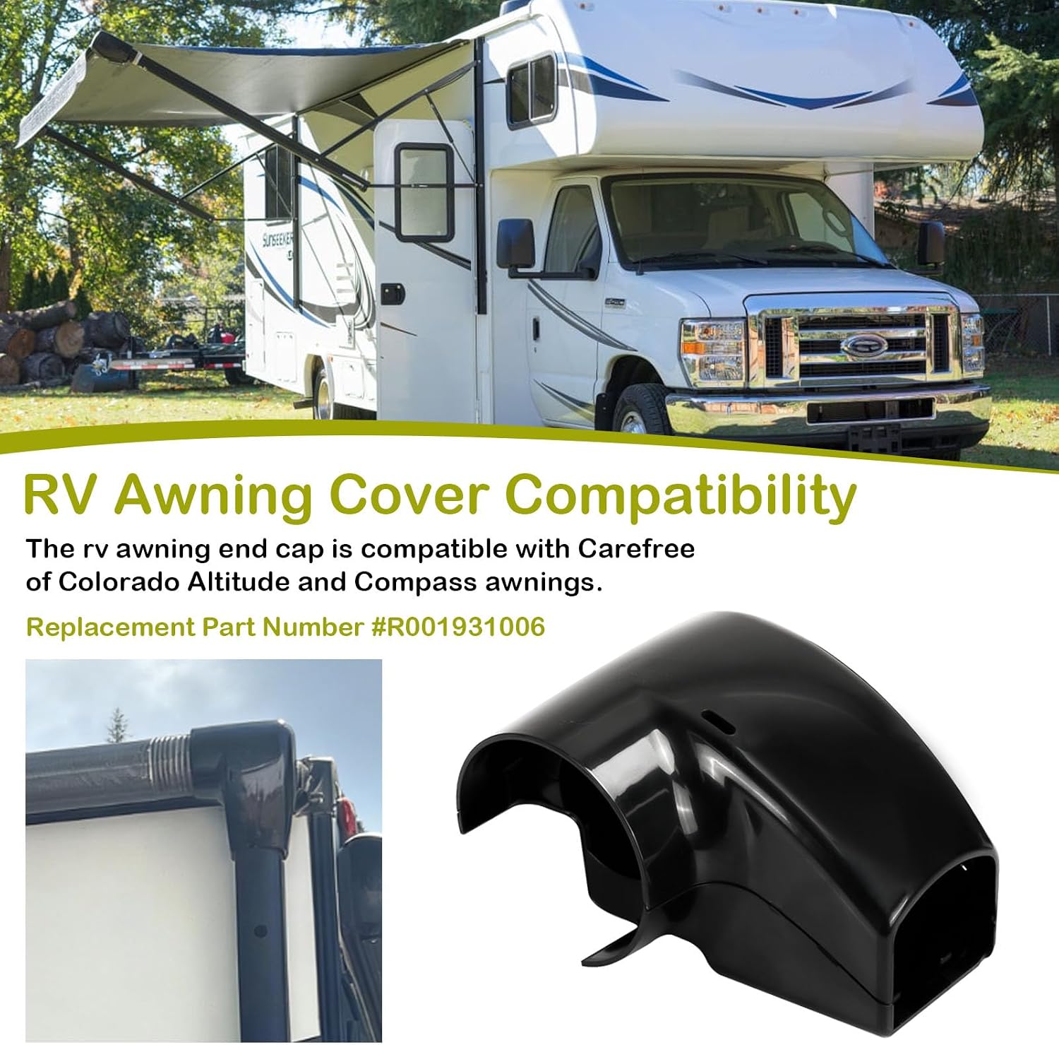 RV Awning Right Arm End Cap Compatible with Carefree of Colorado R001931006, RV Awning Motor Cover, Front & Back Compass Motor Cover - Black