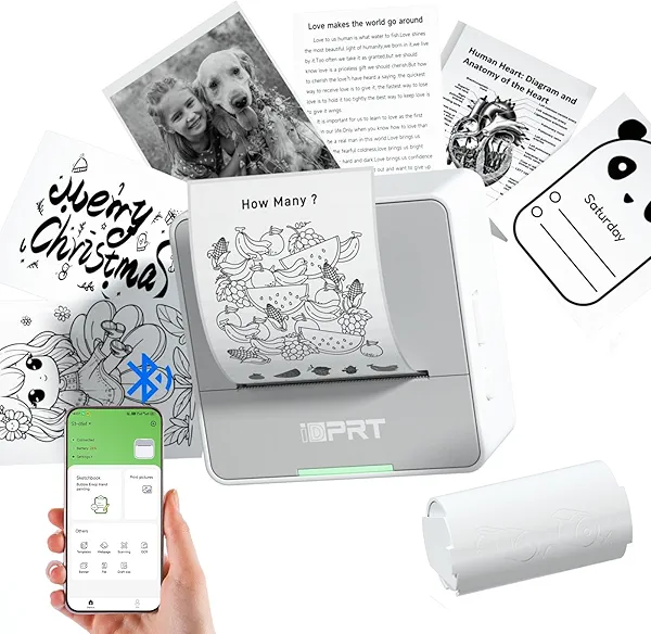 iDPRT Sticker Printer - Mini Portable Printer Bluetooth Thermal Label Printer with 1 Roll Sticker Paper, Inkless Sticker Maker Machine Pocket Instant Print for Study Notes, Pictures, DIY, La