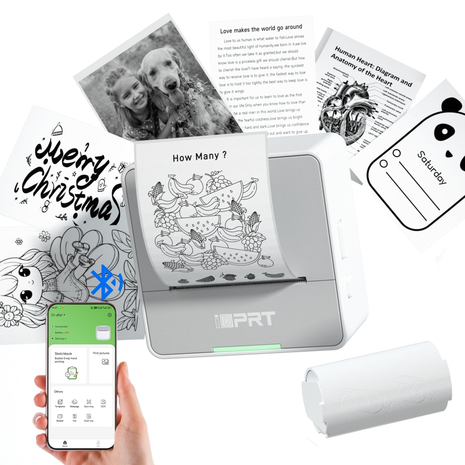 iDPRT Mini Portable Sticker Printer with 1 Roll Sticker Paper | Bluetooth Thermal Label Printer Inkless Sticker Maker Machine Pocket Instant Print for Study Notes, Pictures, DIY, Label