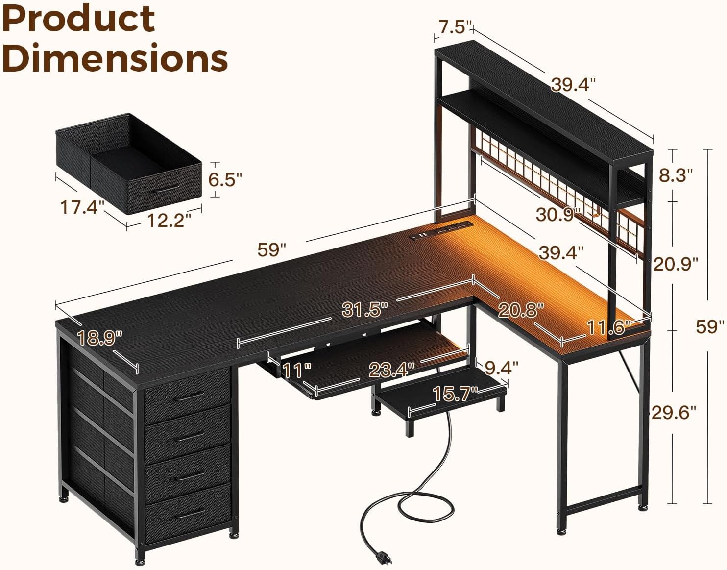 Product dimensions diagram of the L-shaped desk