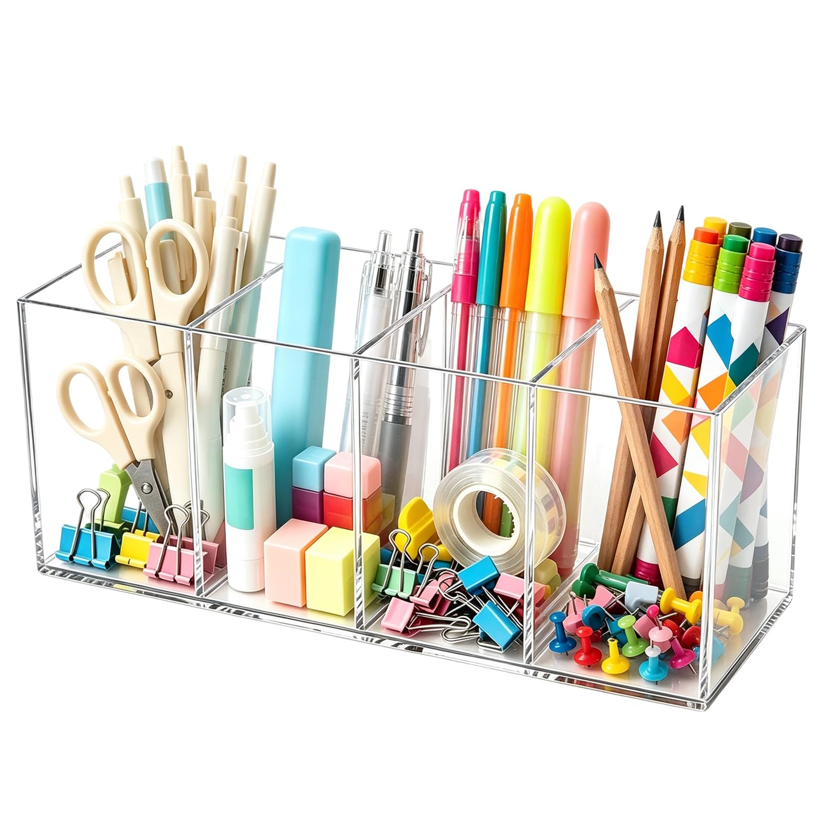 HIKPACKER Pen Storage 4 Compartments Pencil Holder Acrylic Organiser