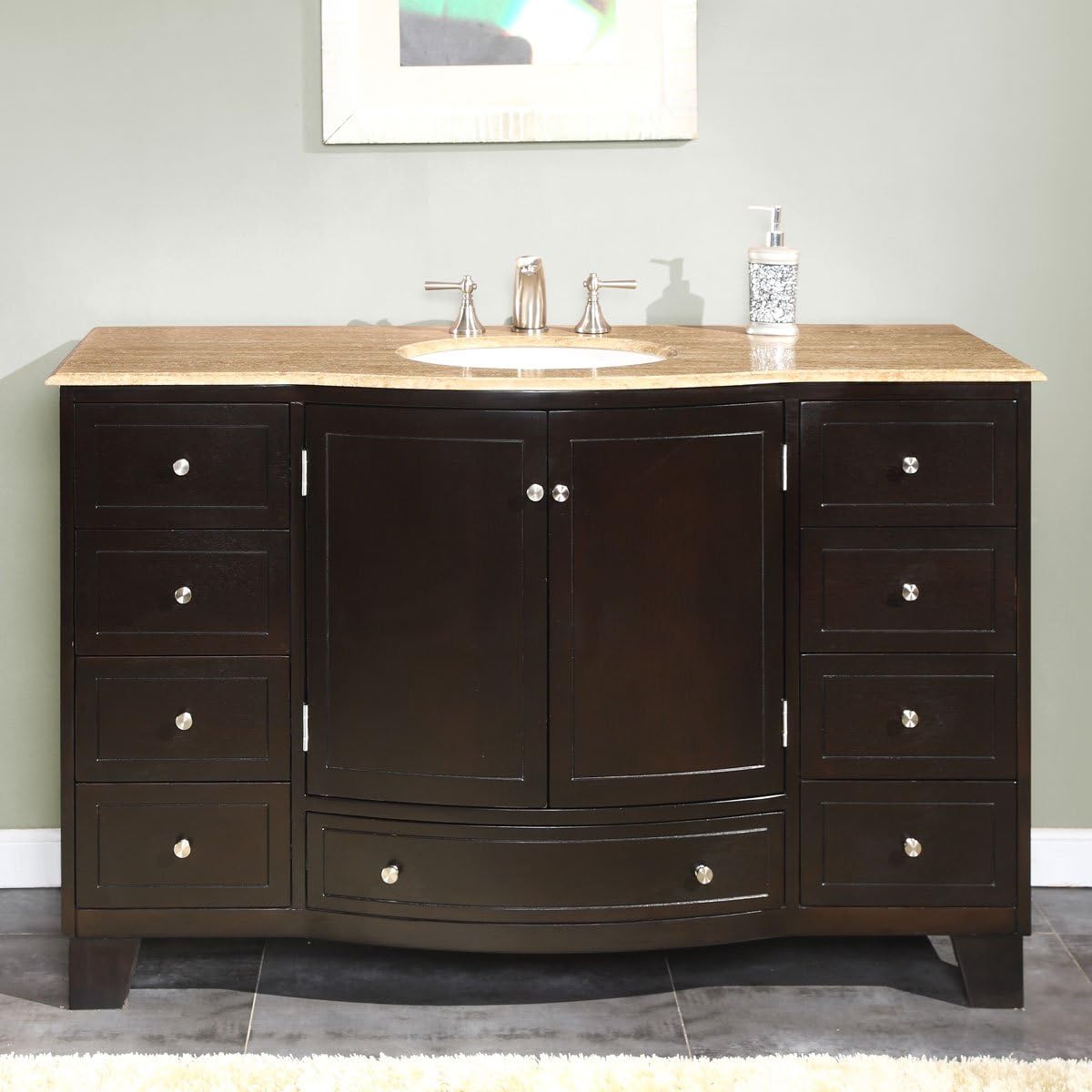 Silkroad Exclusive HYP-0703-T-UWC-55 Travertine Top Single White Sink Bathroom Vanity with Espresso Cabinet, 55", Dark Wood