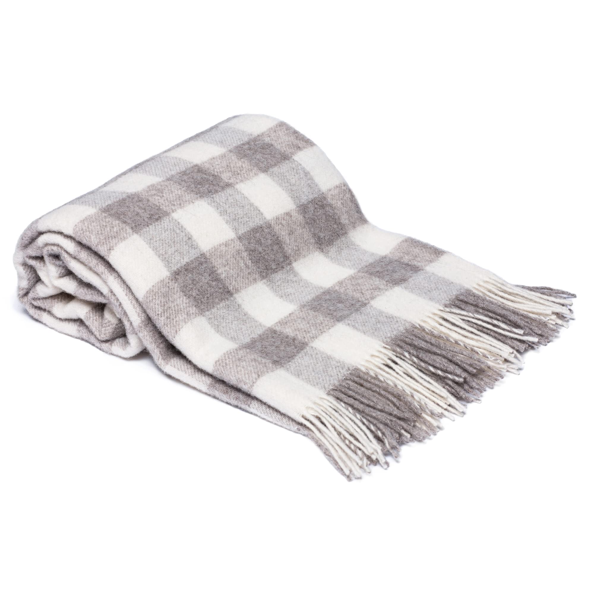Wool Blanket Made of 100% Pure New Zealand Wool, 140 x 200 cm, White/Beige, Soft, Checked Plaid Blanket Made of Virgin Wool with Fringes, Perfect as a Throw Sofa Blanket, Bedspread