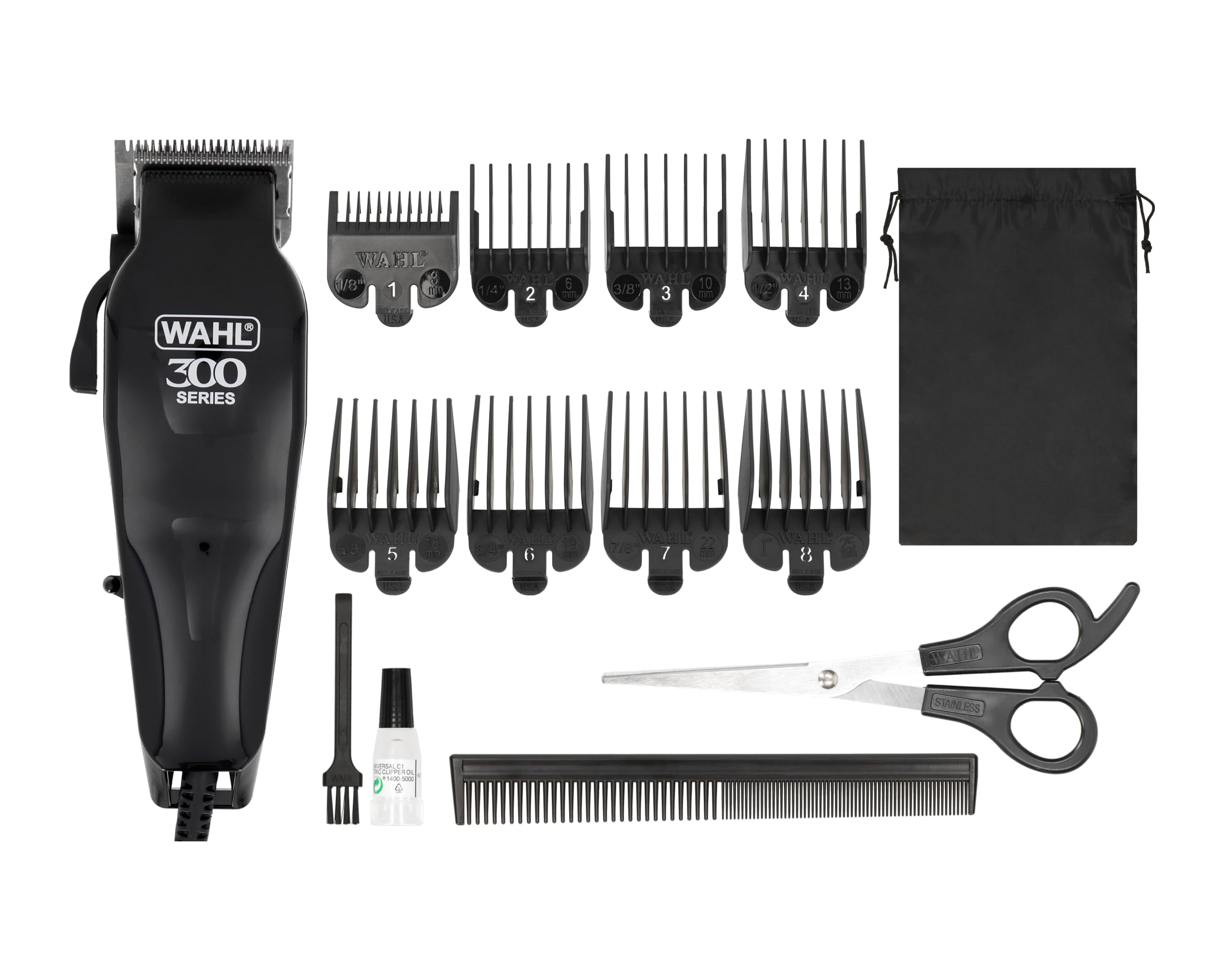 WAHL Home Pro 300 Cortadora de pelo eléctrica para hombres, con cable y con palanca de ajuste de la longitud de corte (de 1 a 3 mm), 8 peines guía, más de 24 ajustes de corte