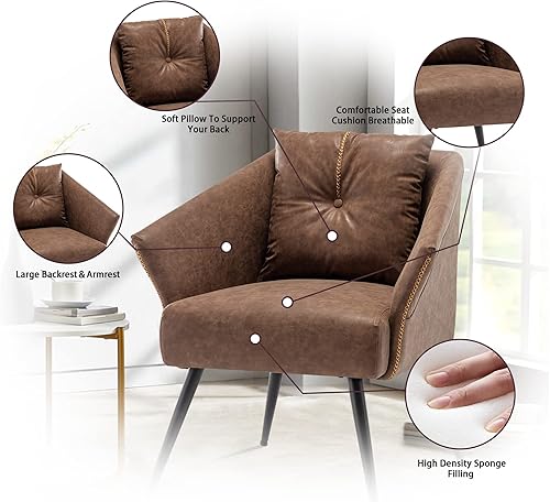 Miniatura 4 de Alunaune Juego de 2 sillas decorativas tapizadas de color marrón, modernas de piel sintética, sillas para sala de estar, silla con brazos, silla de