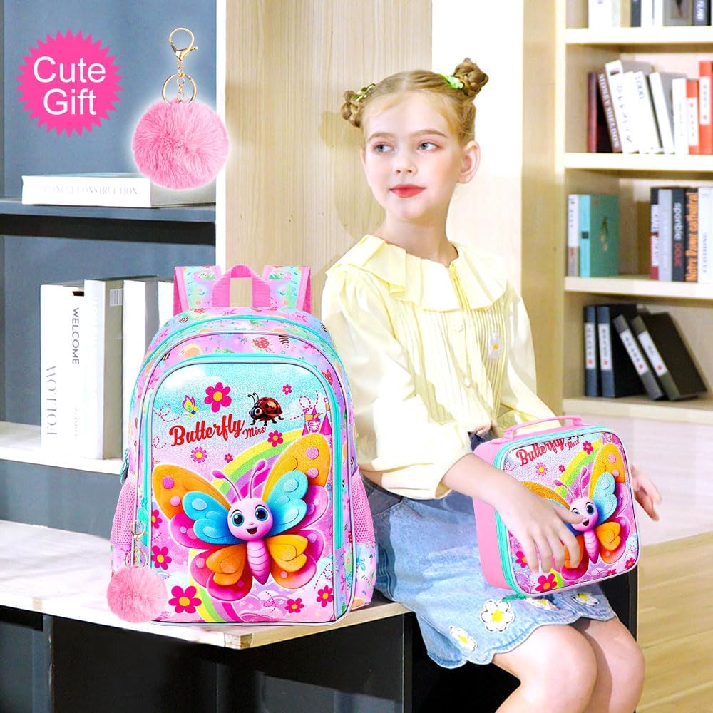 gxtvo 3PCS Butterfly Backpack for Girls, 16" Kids Bookbag with Lunch Box, Water Resistant Elementary School Bag for Preschool Toddler