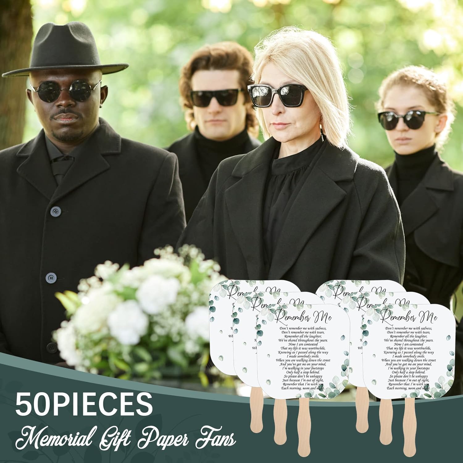 Teling 50 Pcs Funeral Favors for Guests Memorial Paper Fans Handheld Remember Me Hand Held Parlor Paper Fans with Wooden Handle Hand for Celebration of Life Decorations Sympathy Gift(Greenery)