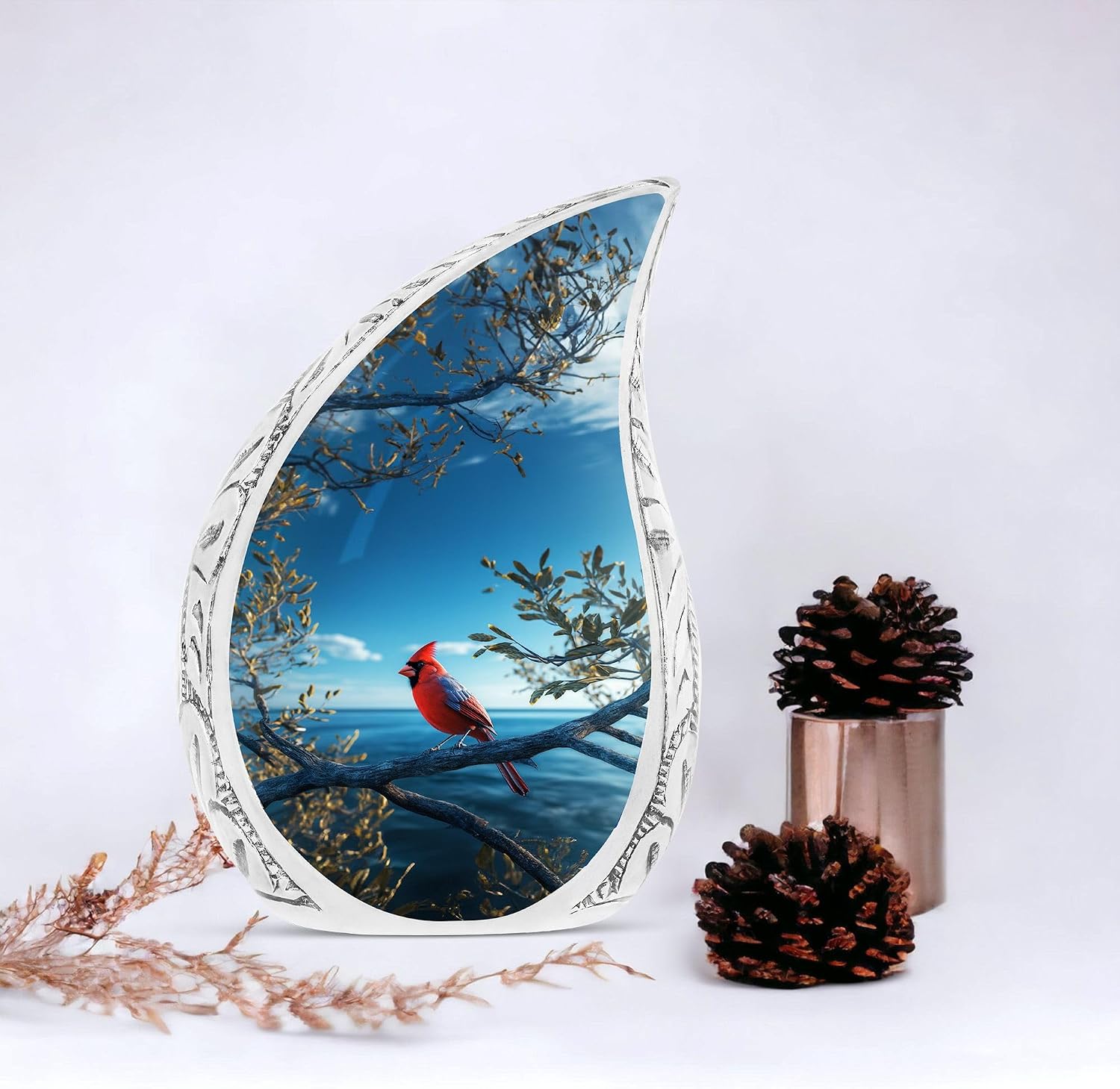 Red Cardinal Urns for Human Ashes - Funeral Urns for Adult Ashes - Teardrop Cardinal Bird Urn - Large Cremation Urn for Adult Male 10inch