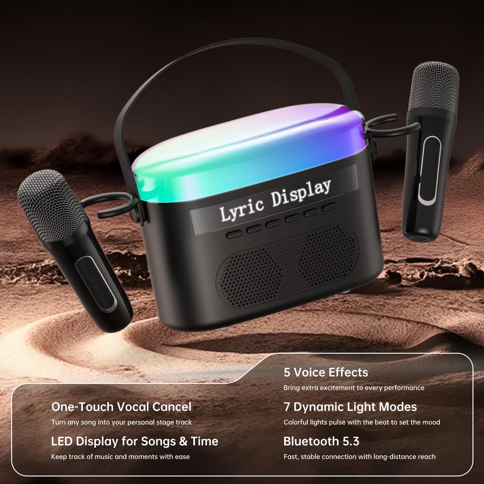 Mini macchina per karaoke per bambini e adulti, 2 microfoni wireless, luci LED Colortul, altoparlante Bluetooth portatile per esterni - Nero