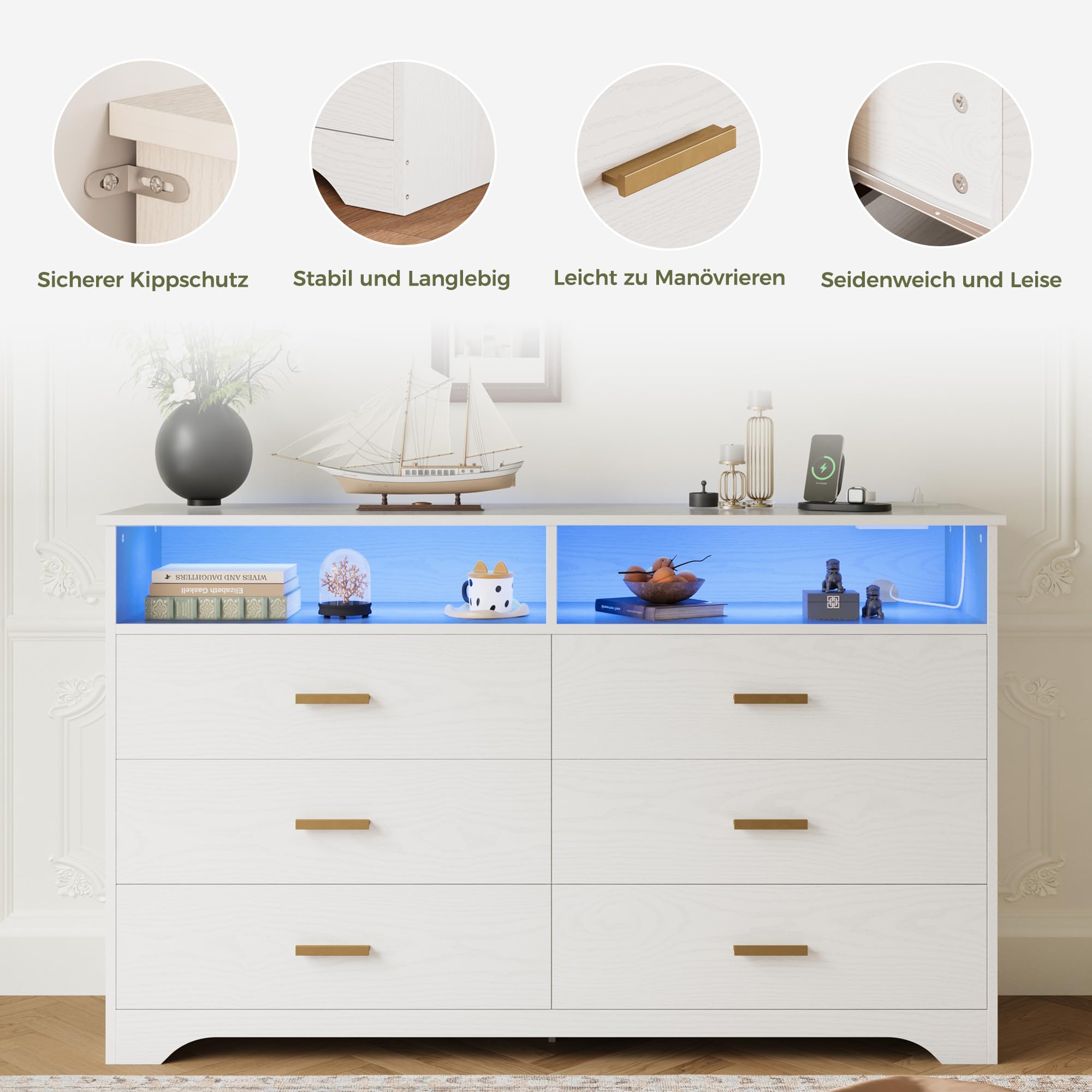 IRONCK Kommode Weiß, Komodenschrank mit LED-Lichtleiste und 2 Steckdosen, Schubladenschrank mit 6 Schubladen und 2 Fächer für Wohnzimmer, Schlafzimmer, Holz, 40 x 150 x 94.7 cm