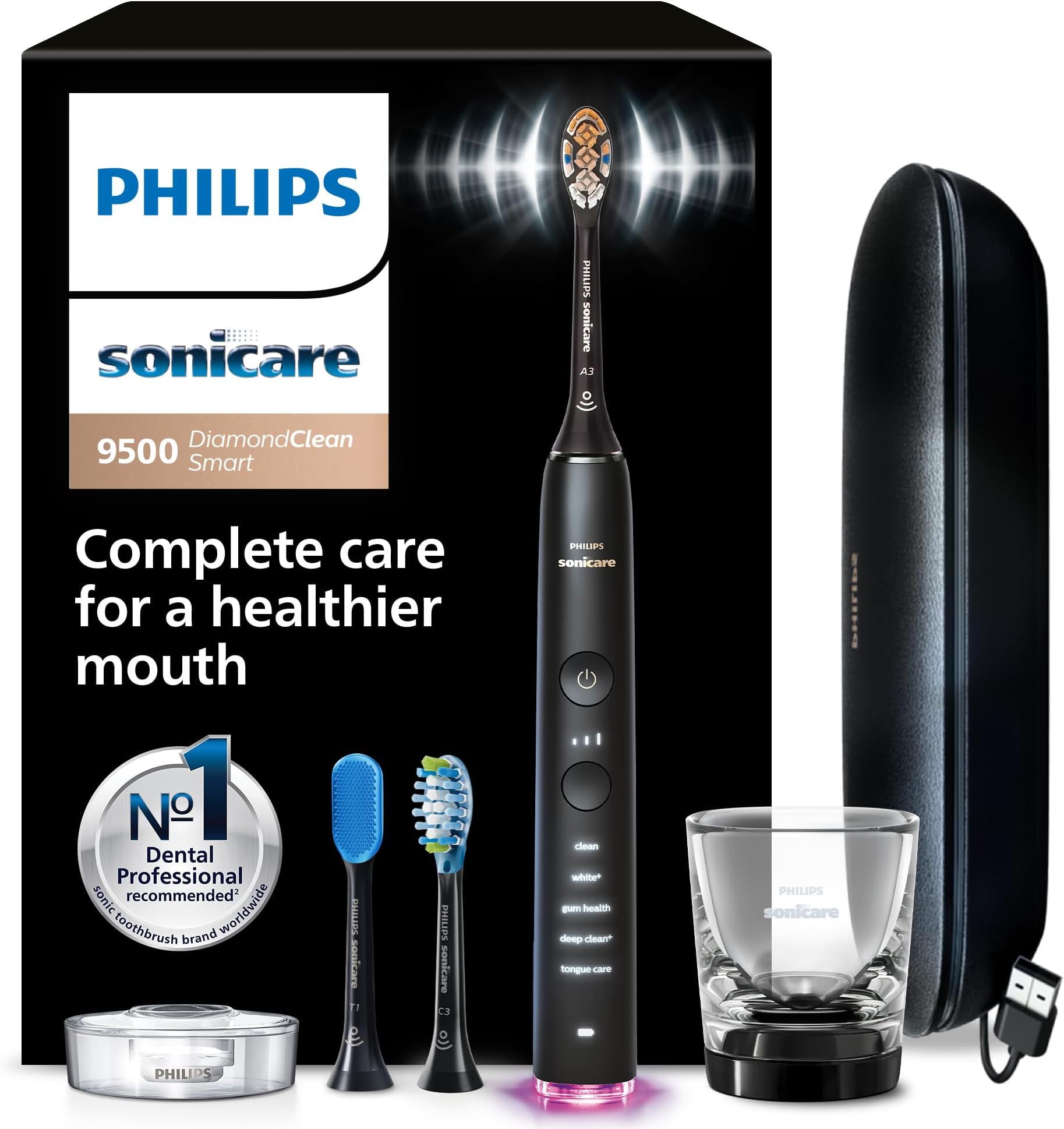 SONICARE Philips DiamondClean Smart 9500 Electric Toothbrush, Sonic Toothbrush with App, Pressure Sensor, Brush Head Detection, 5 Brushing Modes and 3 Intensity Levels, Black, Model HX9923/11