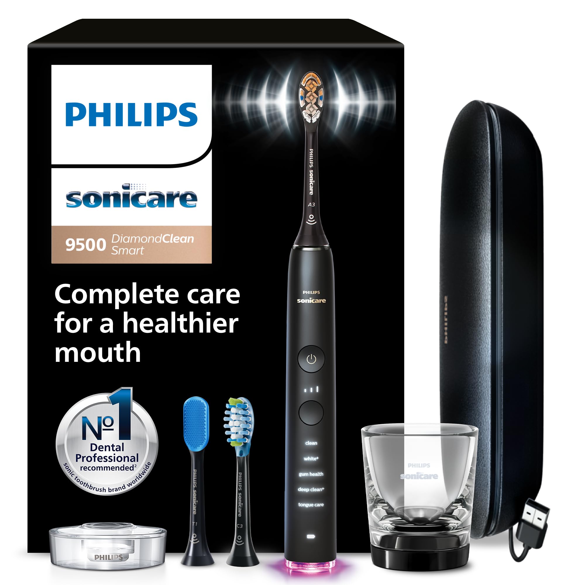 Photo 1 of Philips Sonicare DiamondClean Smart 9500 Electric Toothbrush - Sonic Toothbrush with App, Pressure Sensor, 15 Brushing Settings, Replacement Reminder, USB Charging Travel Case, Black, Model HX9923/11