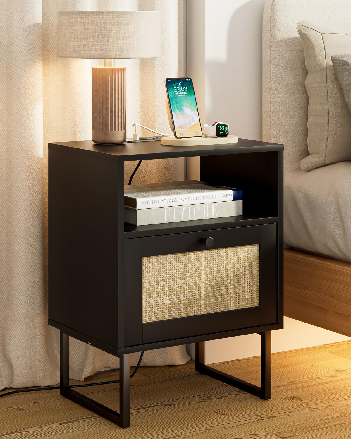 Acodaiuy Rattan Nightstand with Charging Station,Modern Boho Farmhouse Wood Bedside Table with Storage Drawer and Open Shelf,Side End Table for