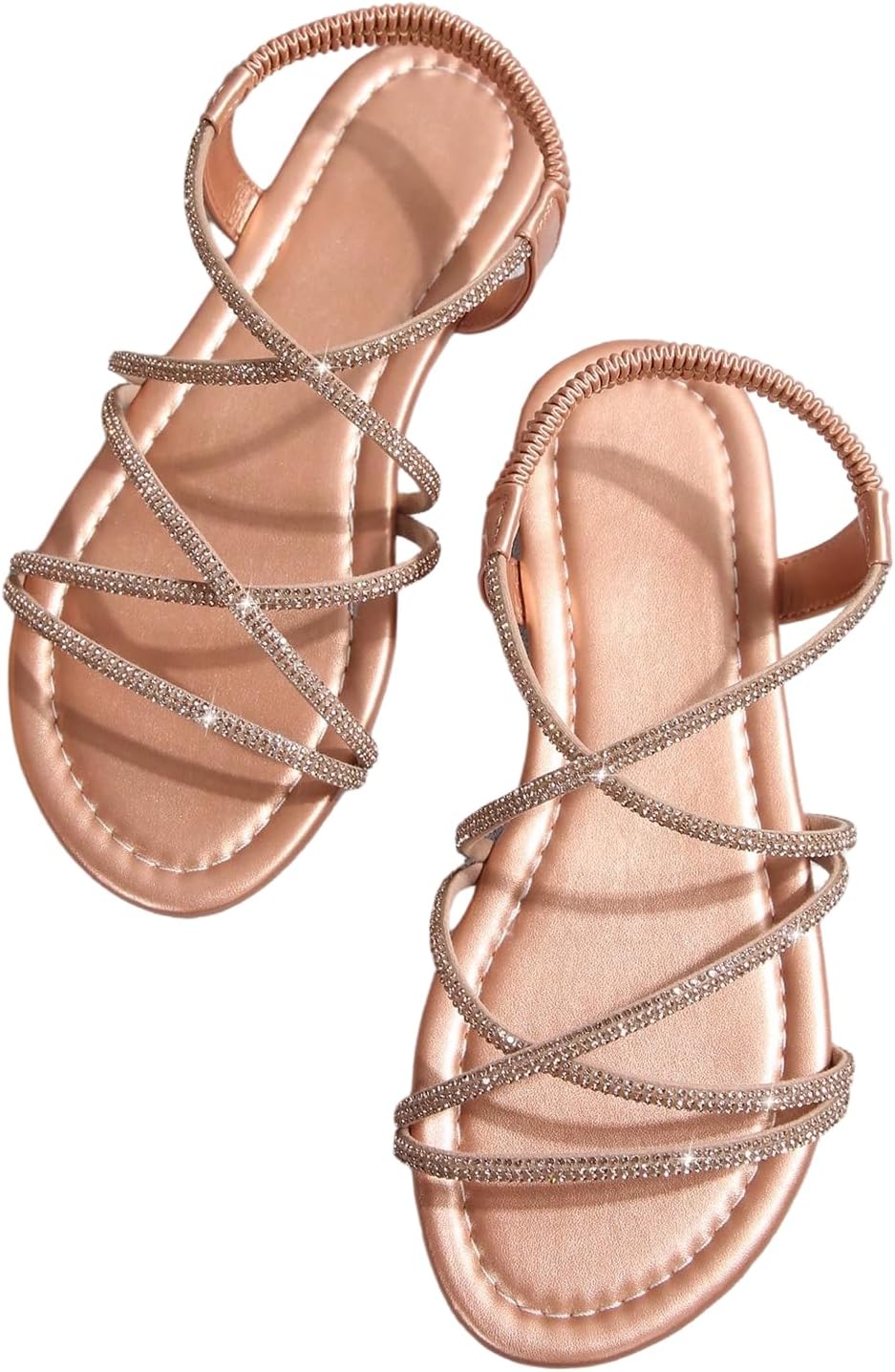 GORGLITTER Women's Rhinestone Strappy Sandals Criss Cross Leather Open Toe Ankle Strap Flat Sandals Wedding Dressy Shoes