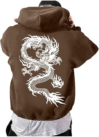 Mens Dragon Graphic Oversized Hoodies, Casual Loose Sweatshirt