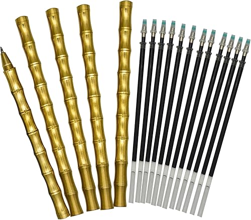 Miniatura 7 de Maydahui 5 bolígrafos de bambú de latón macizo con 12 recambios reemplazables, bolígrafo retro de latón dorado, tinta negra, bolígrafos de
