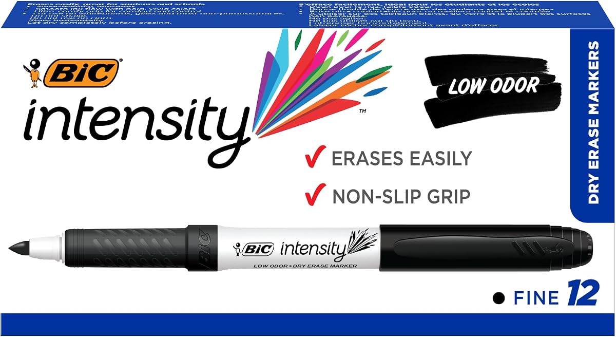 Marcadores de borrado en seco BIC Intensity Black de bajo olor, punta fina, paquete de 12 unidades