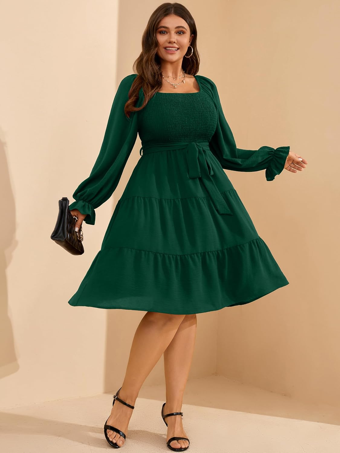 RWJ Womens Plus Size Fall Dress Long Sleeve Smocked Square Neck A-Line Wedding Guest Party Mini Dresses with Belt - Image 5
