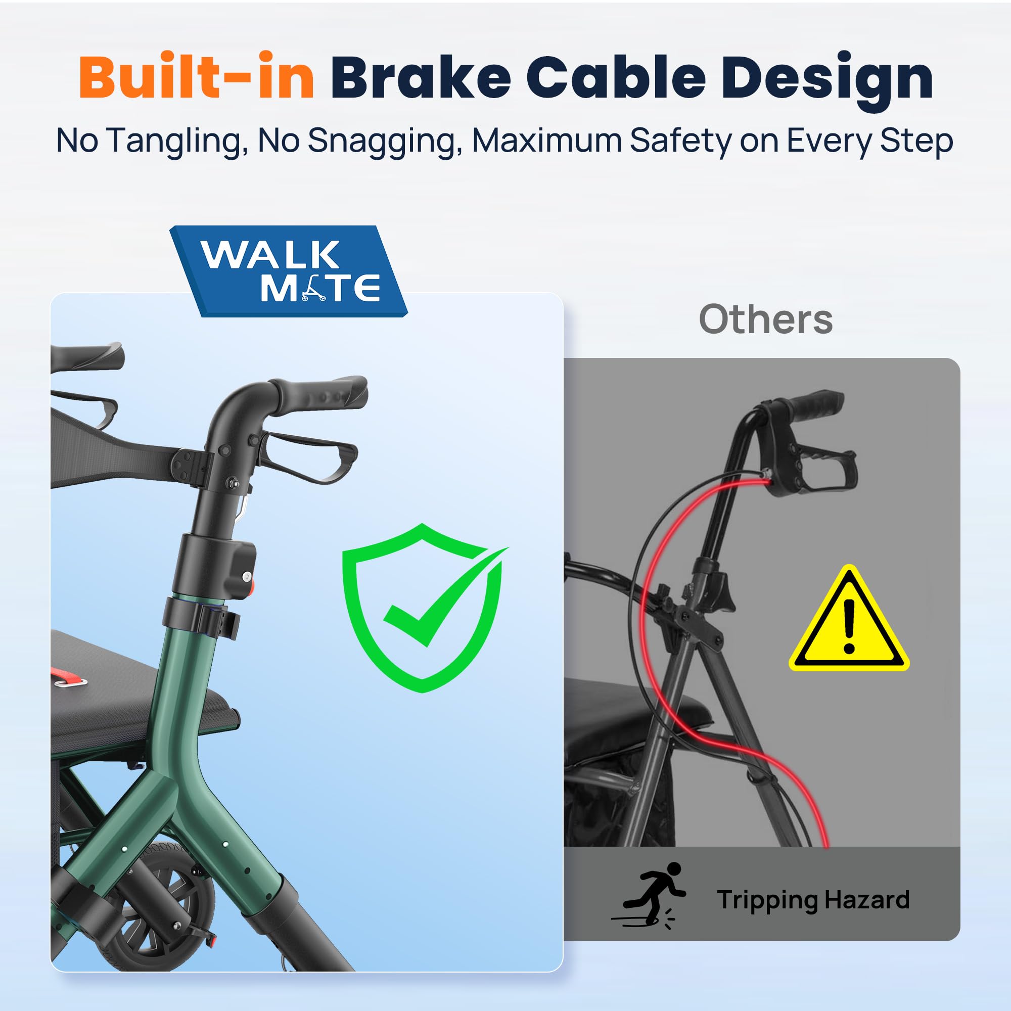 WALK MATE Andador con ruedas para personas mayores de 5.3 a 7 pies con asiento ajustable en altura, ruedas de 10 pulgadas, diseño plegable compacto, ligero, ayuda para caminar, respaldo ampliado,