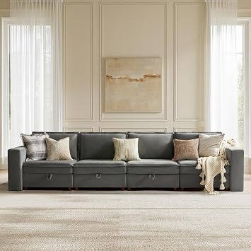 136" Modular Sectional Sofa, Oversized 4 Seater Couch with Storage, Modern Chenille Sofa for Living Room Furniture with Pillows, Comfy Deep Seat, Grey