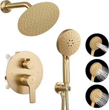 Shower Faucet Set Brass 8IN Rough-In Valve Body Trim Kit Rainfall Included Handle Accessories Complete 2 Functions with Rain Head and Handheld Bathroom Systems 8, Brushed Gold