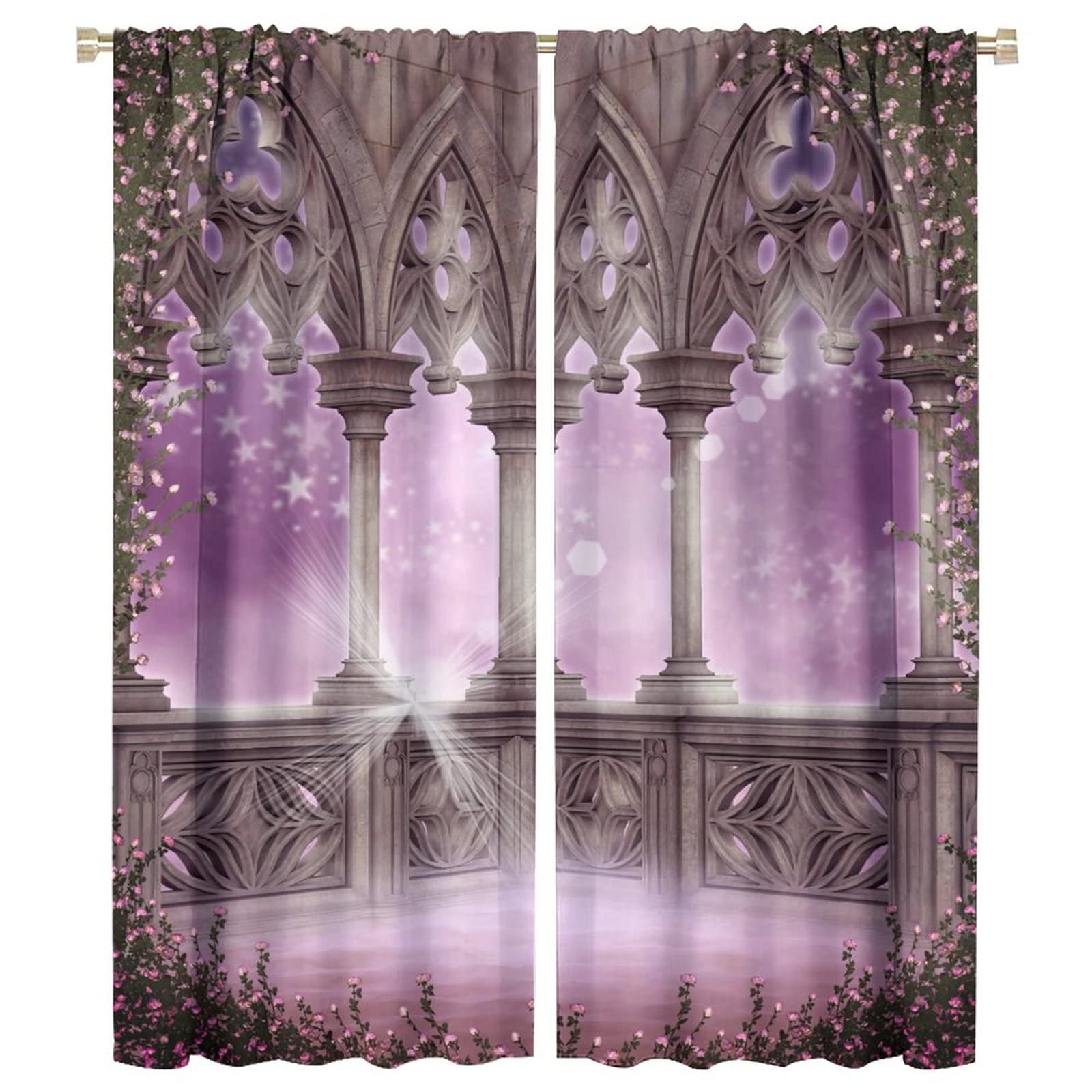 Gothic Castle Arch Curtains,Romantic Pink Roses Medieval Style Room Darkening Window Curtain Drapes for Living Room Bedroom Dining Room W42xL54in