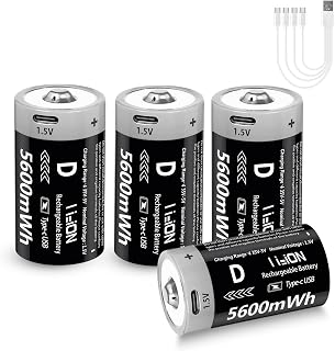 Rechargeable D Batteries 1.5V 5600mWh Lithium-ion Batteries with 4 in 1 USB-C Charging Cable, D Li-ion Batteries 1000 Cycles for Flashlight, Water Heater, Gas Stove (4 Pack)