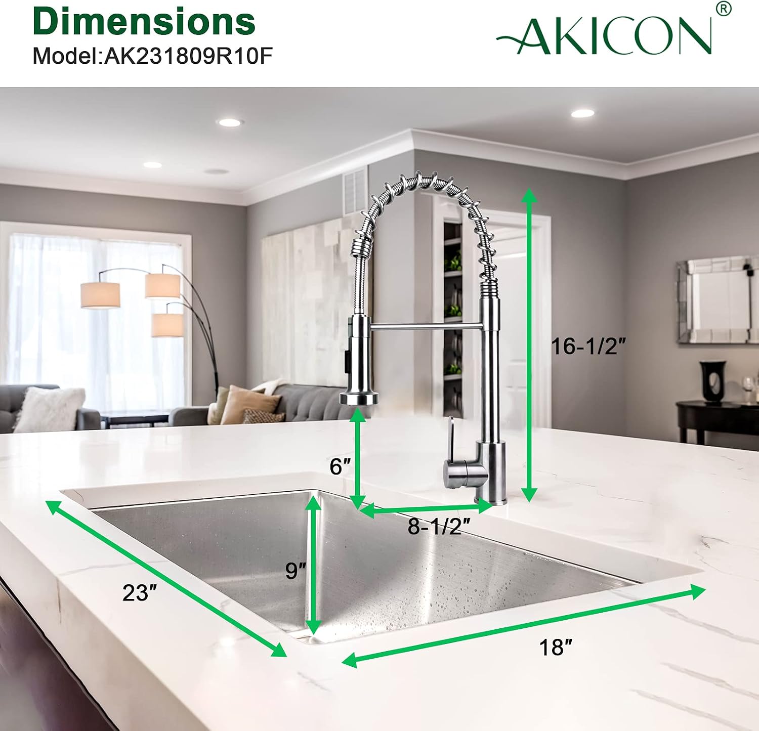 Akicon 23" Undermount Kitchen Sink and Pull-down Faucet Combo with Drain Assembly with Strainer, Protective Bottom Grid, All in One (23" x 18" x 9")