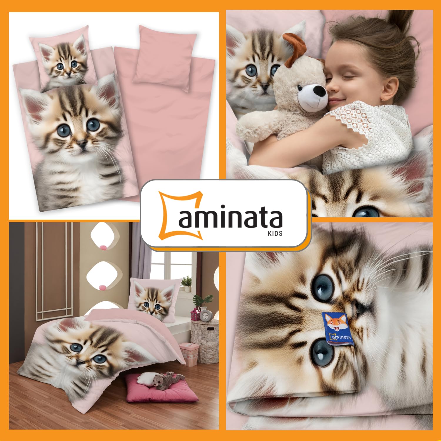 Aminata kids Katzen Bettwäsche 135x200 cm Biber Kinderbettwäsche Katzenmotiv Mädchen warm weich Winterbettwäsche 100% Baumwolle rosa