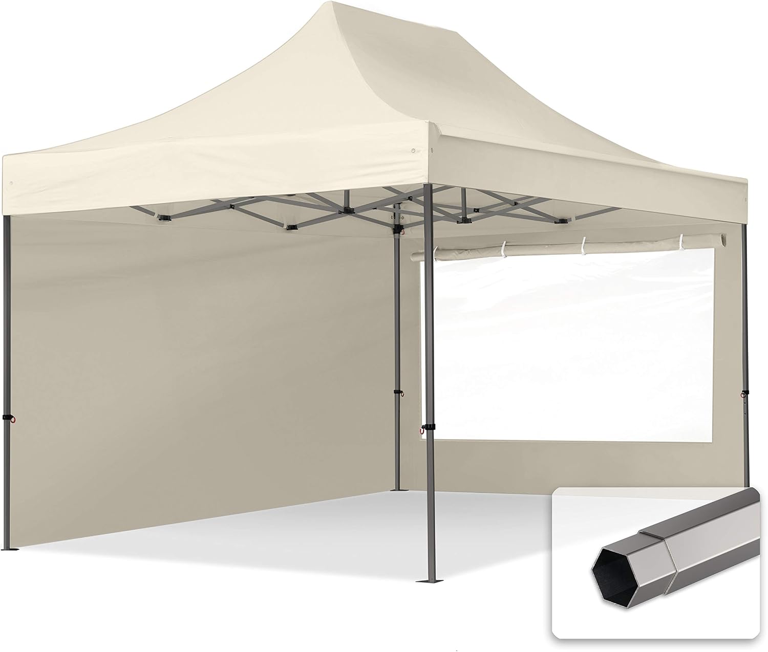 TOOLPORT Folding Gazebo 3 x 4.5 m with 2 side panels Panoramic Window Premium Roof Party Tent Cream