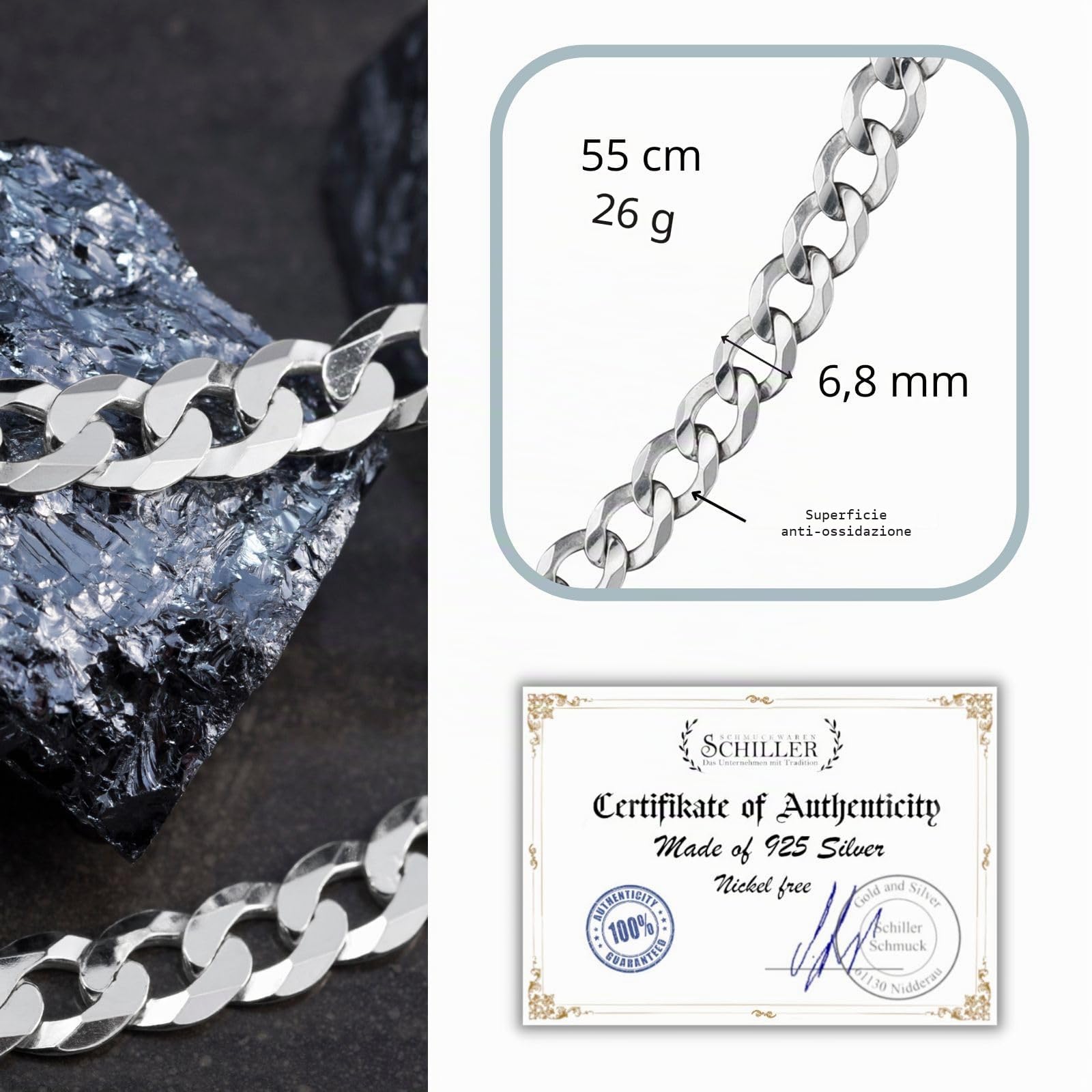 Collana Da Uomo In Argento 925 Massiccio Con Chiusura A Moschettone 55cm