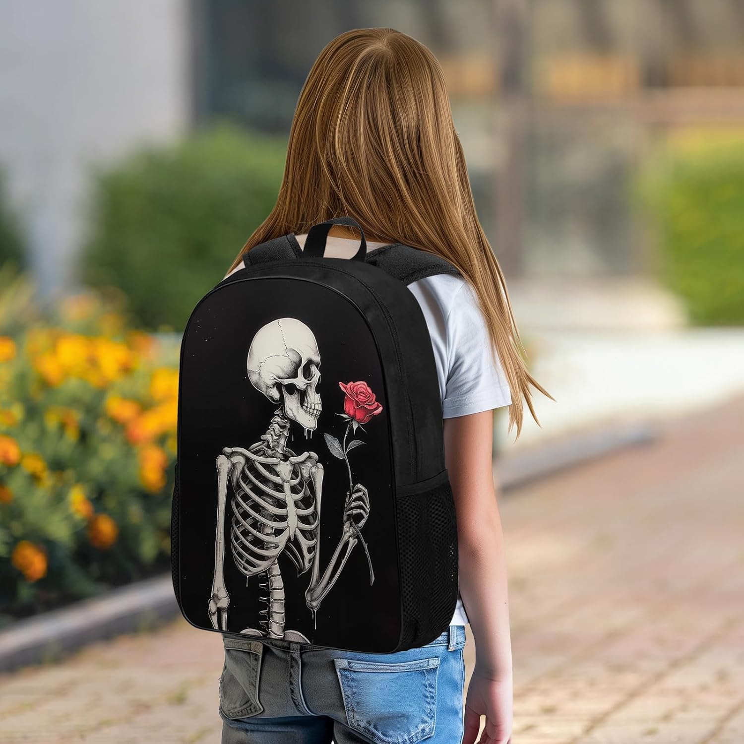 Goth Skull Backpack, Funny Halloween Skeleton Holding A Red Rose Bookbag for Kids, Gothic Horror Skull Black School Backpacks for Kindergarten Elementary Students, 17" Laptop Bags