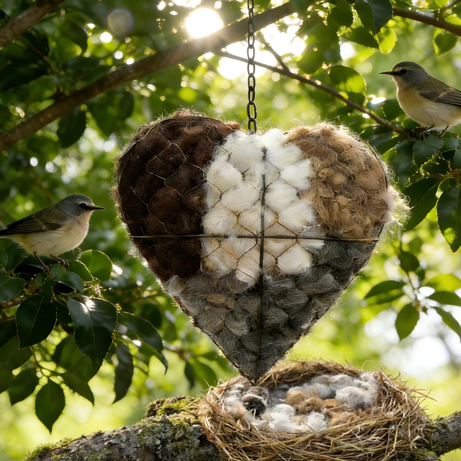Fácil de colgar en forma de corazón, protección para pájaros, jardín, decoración de patio, hierro nido de pájaro, corazón, diseño recargable con fibras de algodón, nido salvaje de temporada, nido de