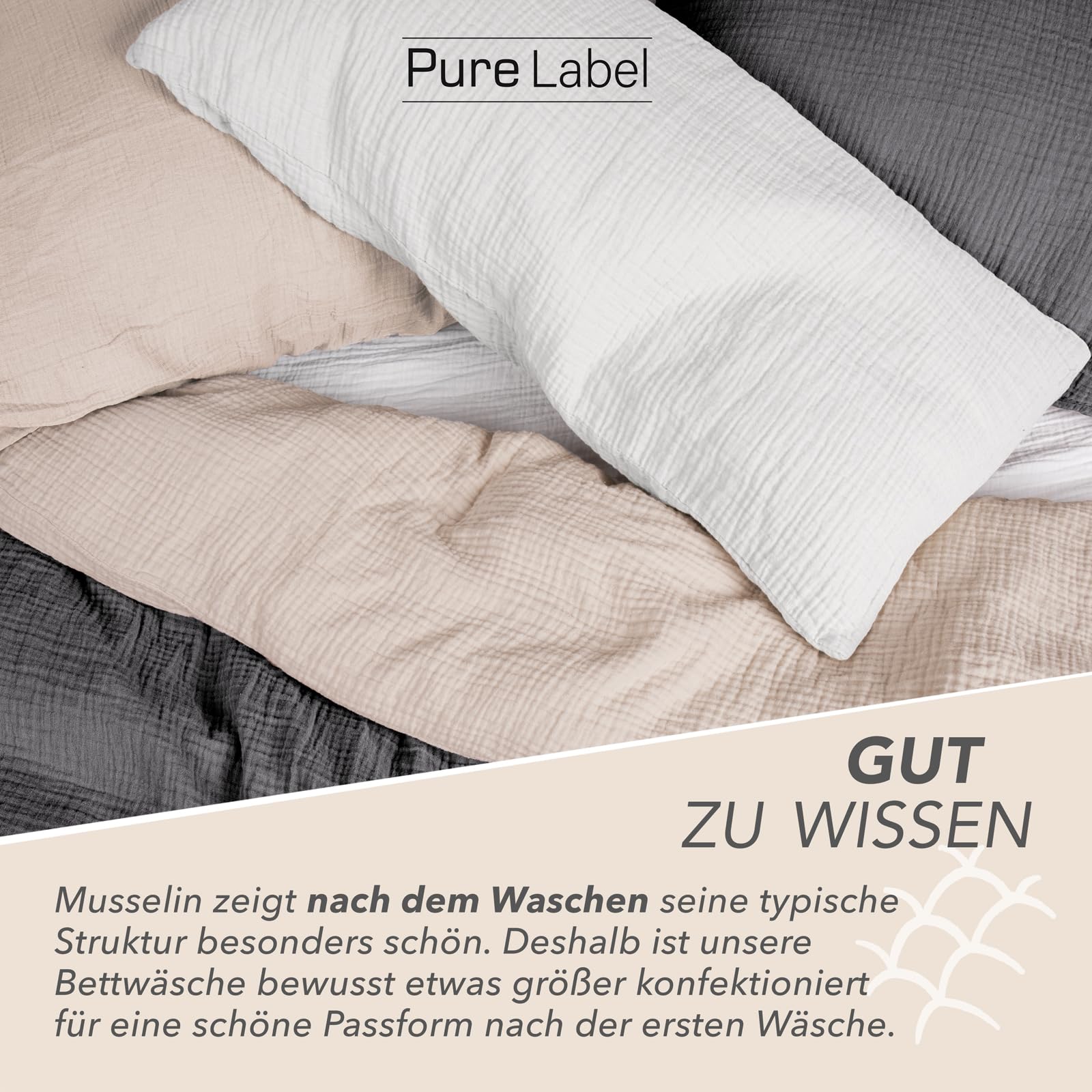Pure Label Musselin Bettwäsche 135x200 4 teilig bestehend aus Bettbezug 135 x 200 cm 2er Set + Kissenbezug 80x80 cm 2er Set aus Baumwolle - Traumhaft kuschelige Bettwäsche-Sets in beige