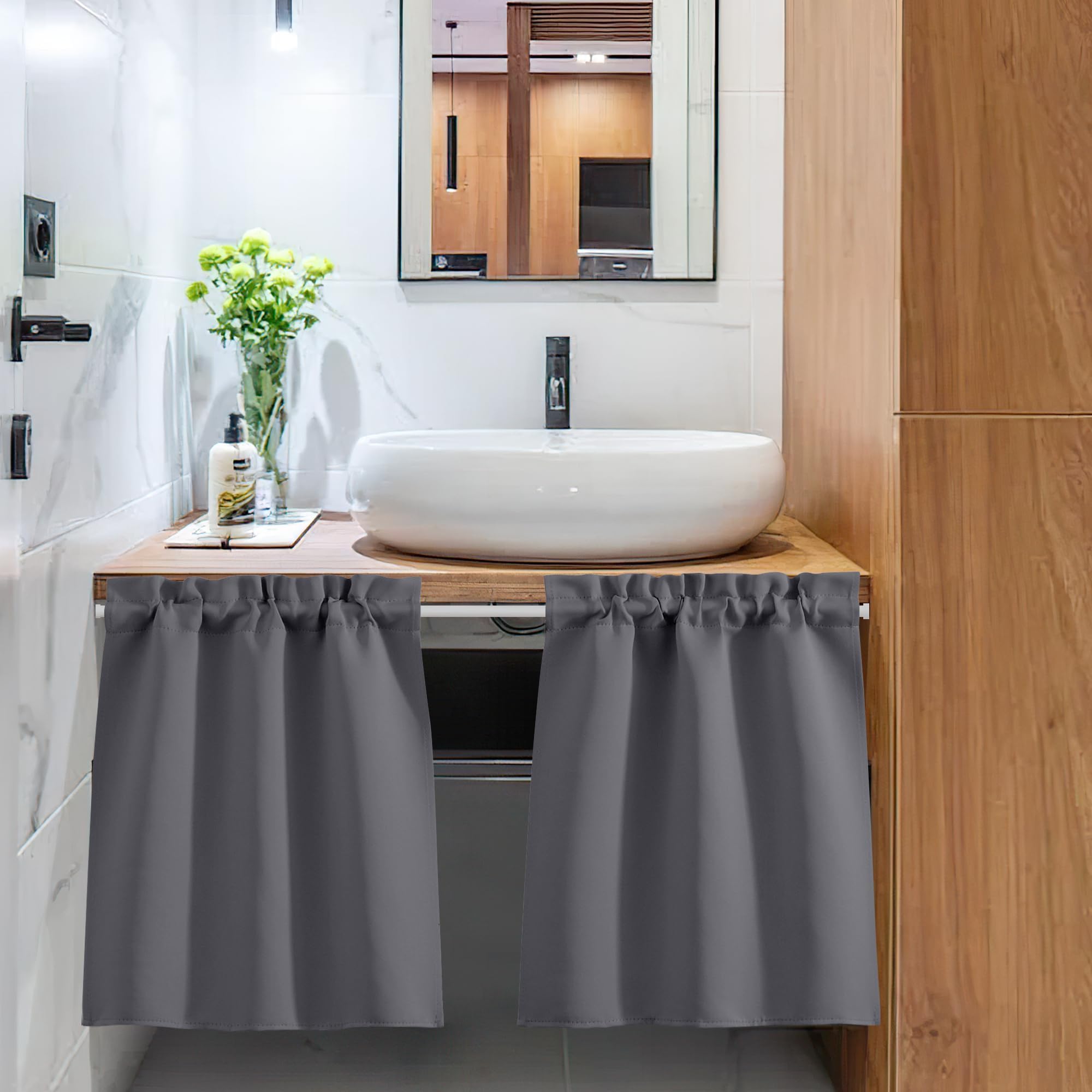 PONY DANCE Tende a Vetro per Finestra Tende Oscuranti per Cucina Corte Tendine Finestra a Vetro Blackout Curtains Termiche con Tasca 2 Pezzi 60x90 CM, Grigio