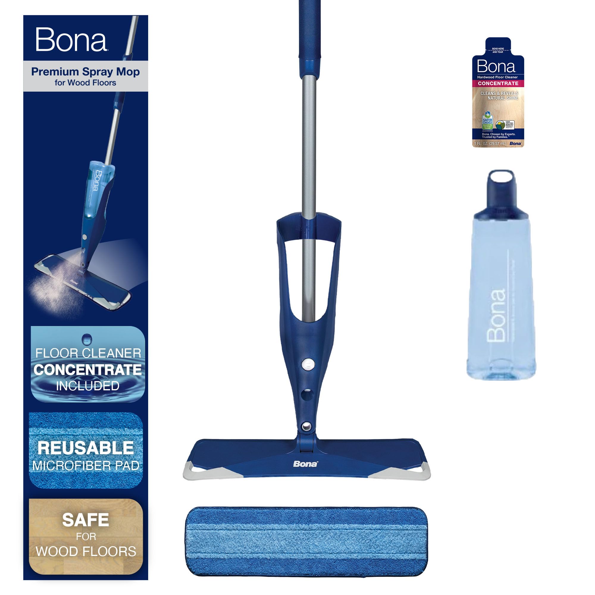 Bona Hardwood Floor Premium Spray Mop - Includes Wood Floor Cleaning Concentrate and Machine Washable Microfiber Cleaning Pad - Dual Zone Cleaning Design for Faster Cleanup