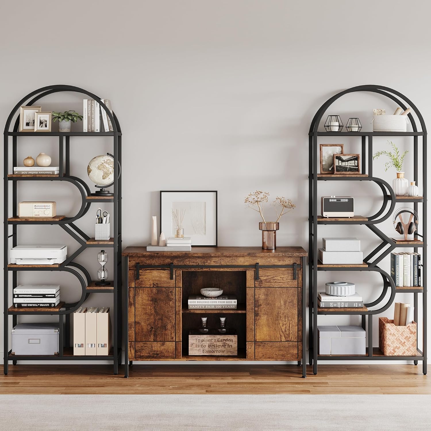 Regał z 6 poziomami łukowy design - 208 cm metal/MDF, 16 kg na podłogę - regulowane, otwarte półki do salonu/sypialni/biura (antypoślizgowy, łatwy montaż)