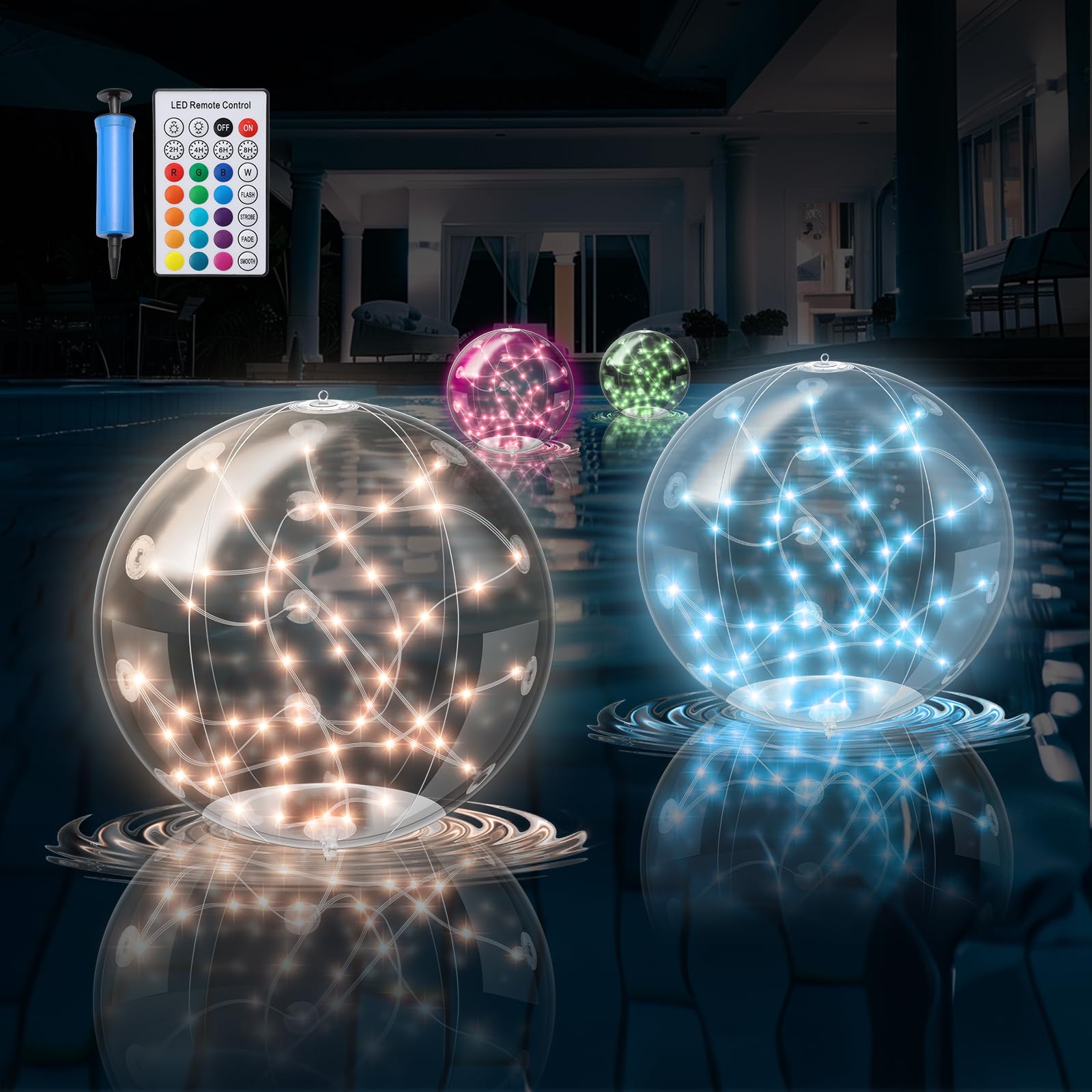 Solar Floating Pool Lights, 2 Pcs 14.5" Floating Inflatable Balls IP68 Waterproof Solar Lights, Timer 16 Colour with Remote Control for Pool Snowy Beach Yard Wedding Party Night Decor