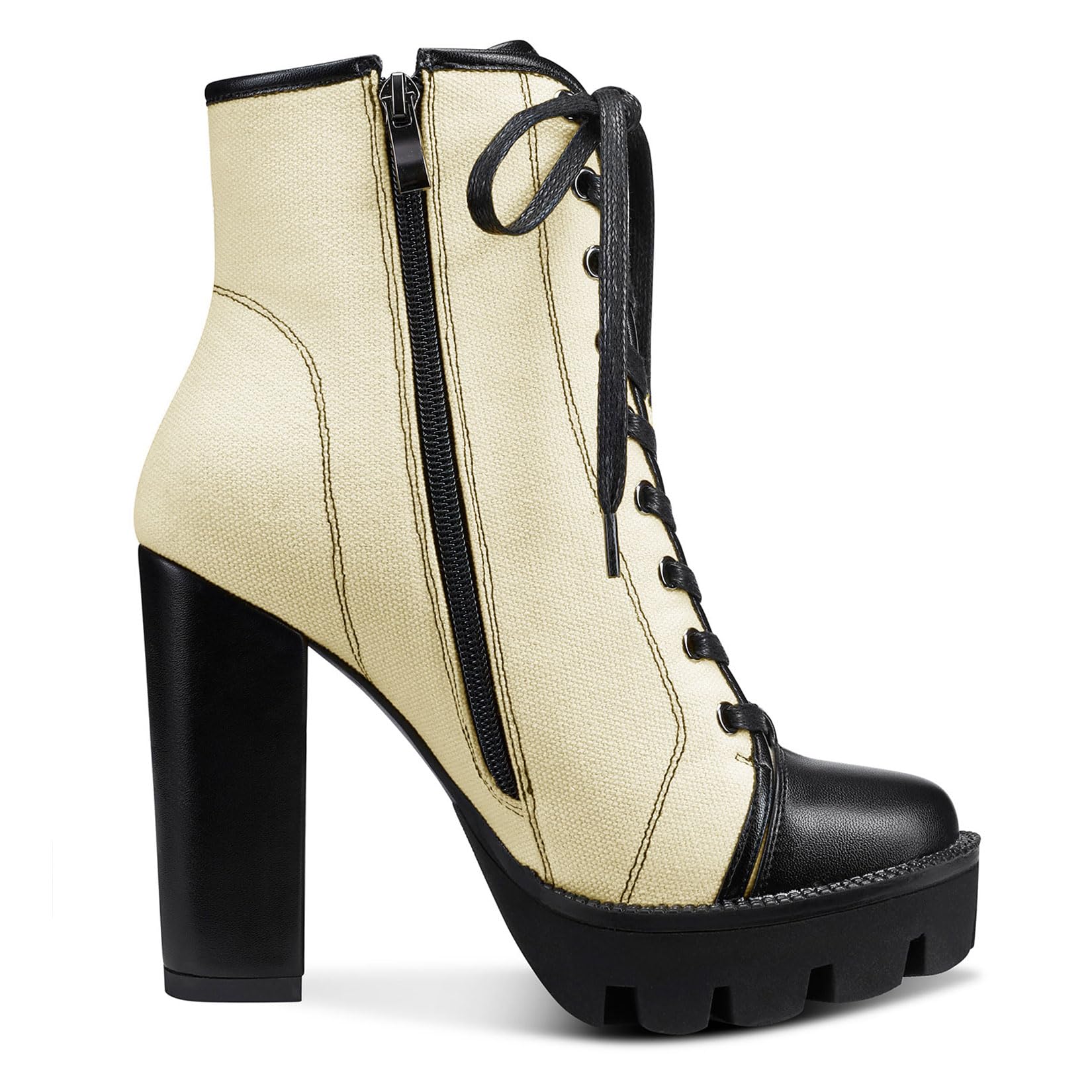 Castamere Womens High Heel Platform Lace Up Booties Chunky Heel Ankle Boots With Zipper Round Toe 12CM Heels: 6 Ivory White