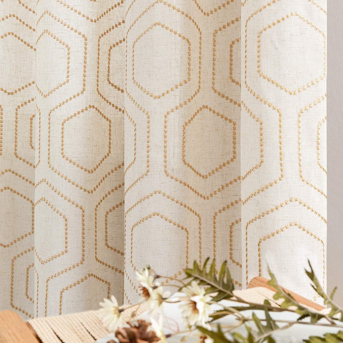 jinchan Yellow Boho Window Curtains 84 Inch Length 2 Panels Set Linen Textured Light Filtering Curtains Honeycomb Embroidered Design Living Room Drapes Bedroom Bronze Grommet Window Treatments Set