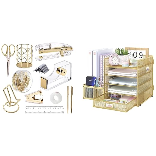 EOOUT Gold Office Supplies Set Desk Combo Set, Acrylic Stapler Set and Mesh Desk Organizer with File Shelves, 5-Layer Paper Tray Organizer for School Home Office Supplies (Gold)
