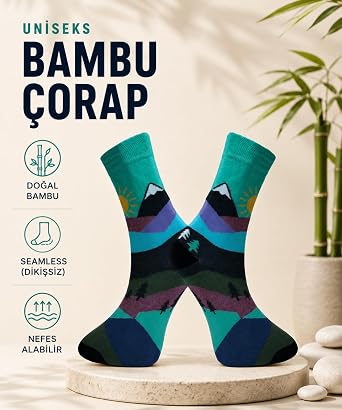 Uniseks Bambu Çorap 6'lı Set - Dağ Desenli | Dikişsiz | Nefes Alabilir | Oeko-Tex Sertifikalı Ekolojik Soket Çorap
