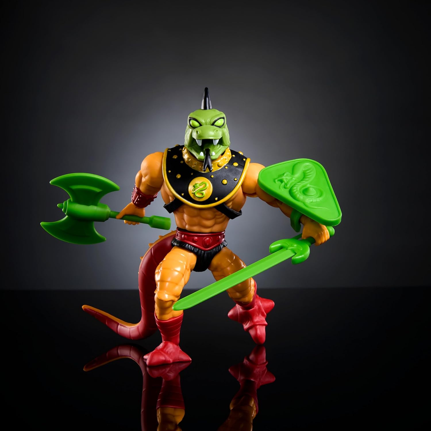 Masters of the Universe Origins Action Figure Reptilax Collectible, 5.5 Inch MOTU Tailed Snake Men Toy with 16 Posable Joints, 3 Weapons