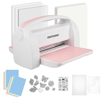CraftGenes Manual Die Cutting Machine and Embossing Machine, 9 Opening Size for Cardmaking, Scrapbooking, and DIY Crafts Foldable Complete Set with A4 Die Cuts, Embossing Folders, and PlatesPink