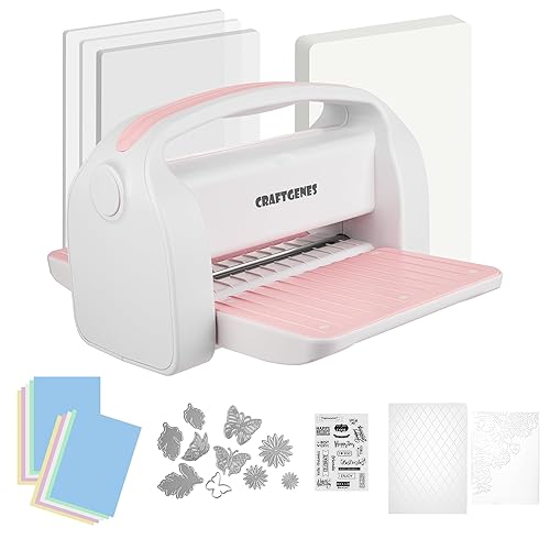 CraftGenes Manual Die Cutting Machine and Embossing Machine, 9'' Opening Size for Cardmaking, Scrapbooking, and DIY Crafts – Foldable Complete Set with A4 Die Cuts, Embossing Folders, and Plates(Pink)