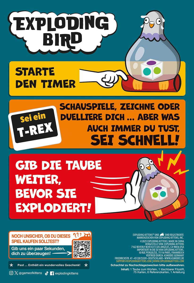 Exploding Kittens – Exploding Pigeon – Juego De Fiesta Familiar En Español – 3 Jugadores, 10 Minutos, +7 Años