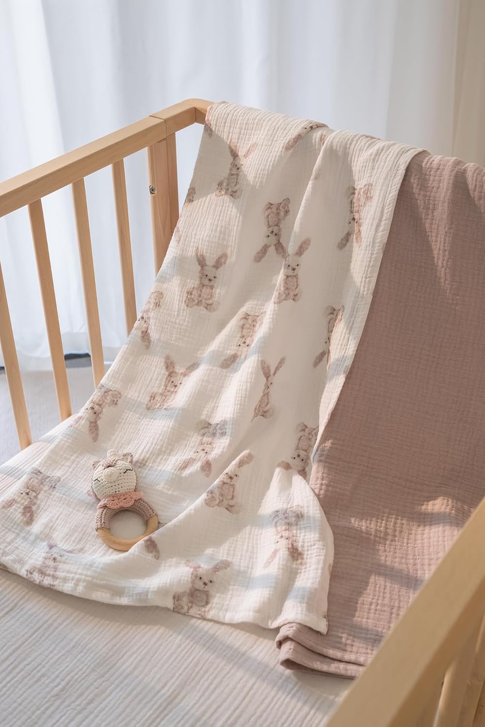 Little Jump 2-Pack Cotton Muslin Swaddle Blankets for Baby Boys Girls - Boho Baby Blanket for Boys & Girls- Large 47 x 47 inches Receiving Blanket Neutral (Bunny)